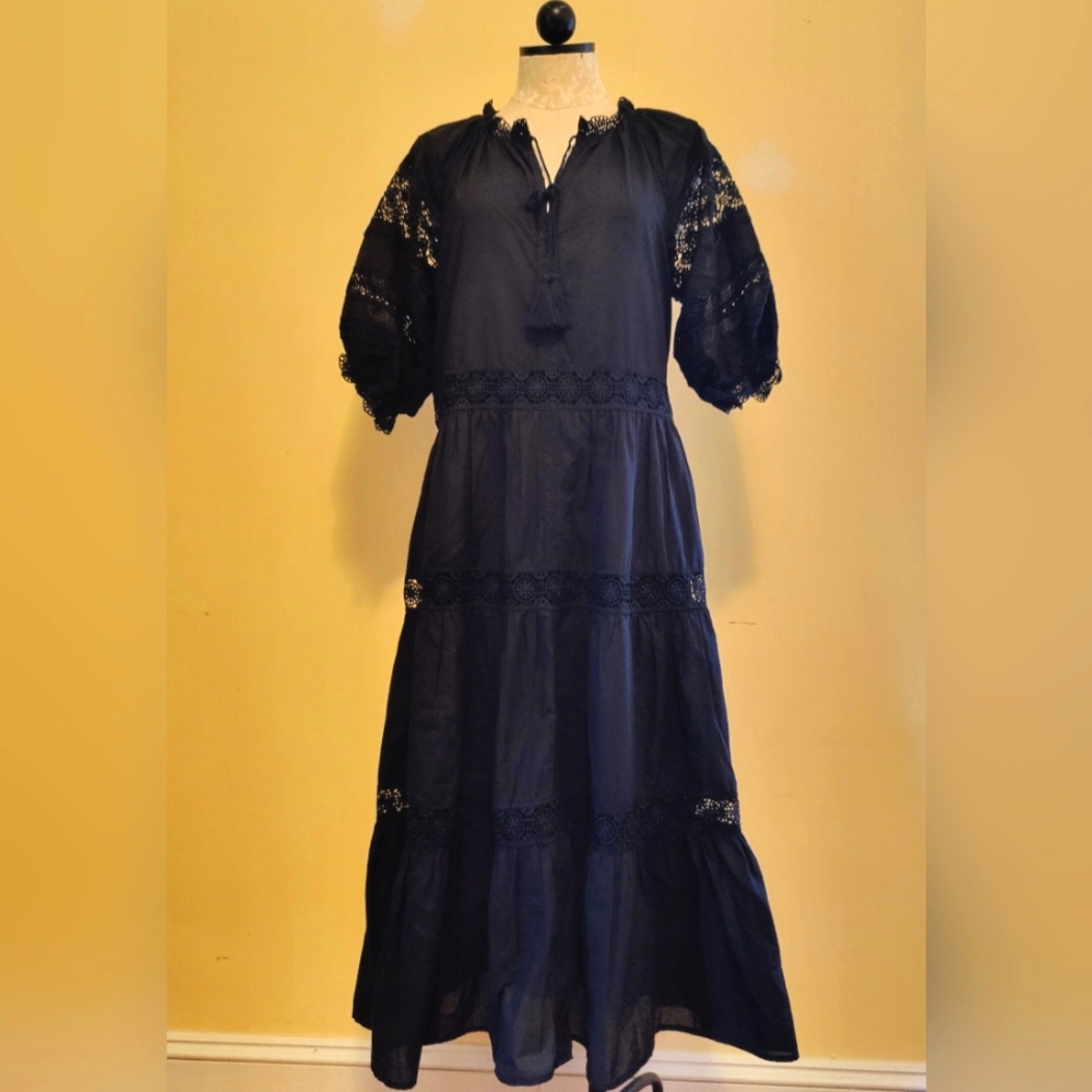 New En Saison Black Lace Trim Tiered Midi Flare Dress, Size M